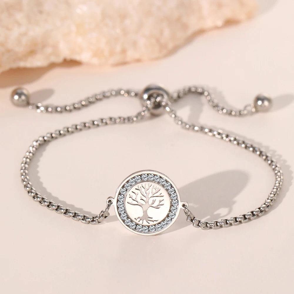 DOTIFI Edelstahl Armbänder Exquisites Lebensbaum Kristall Anhänger Kette Trendiges Armband Für Frauen Schmuck Nicht verblassend
