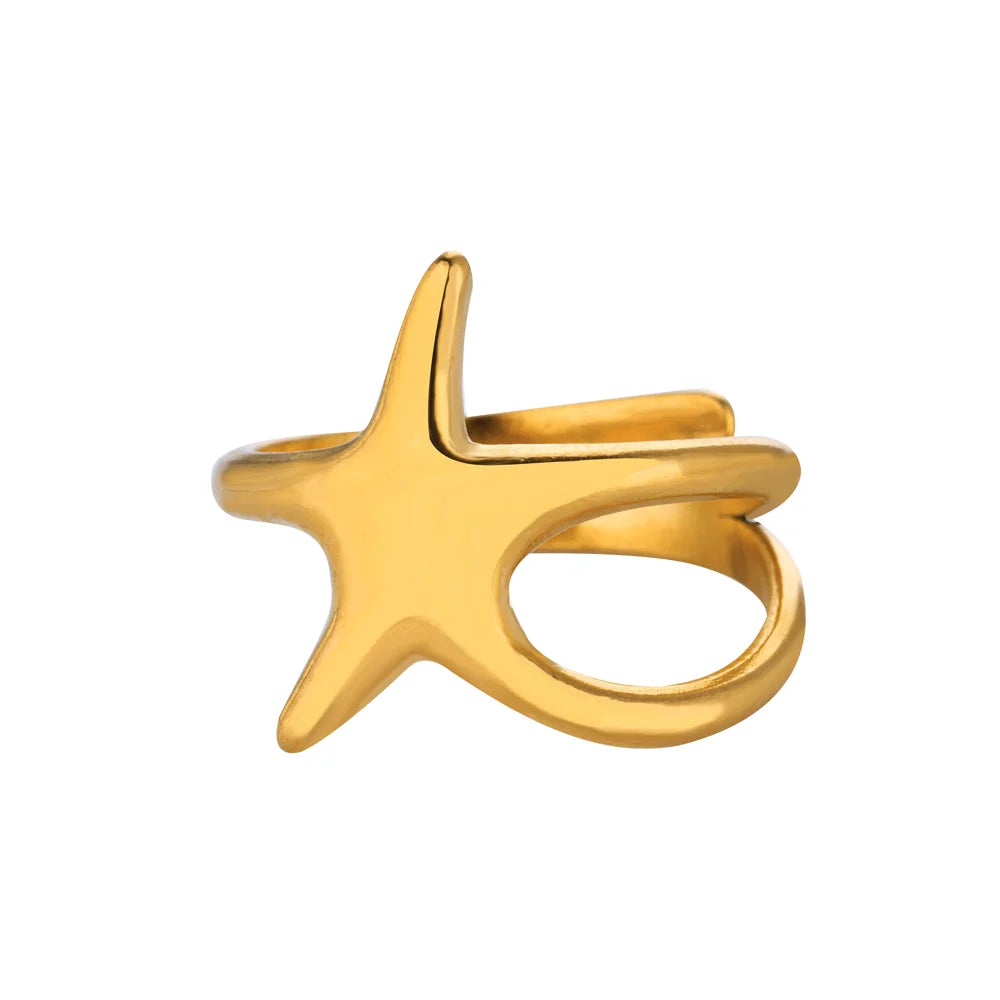 316L Edelstahl Seestern Muschel Ringe für Frauen Gold Farbe Offener Fingerring Femme Trendiger Sommerurlaub Ozean Schmuck Geschenk