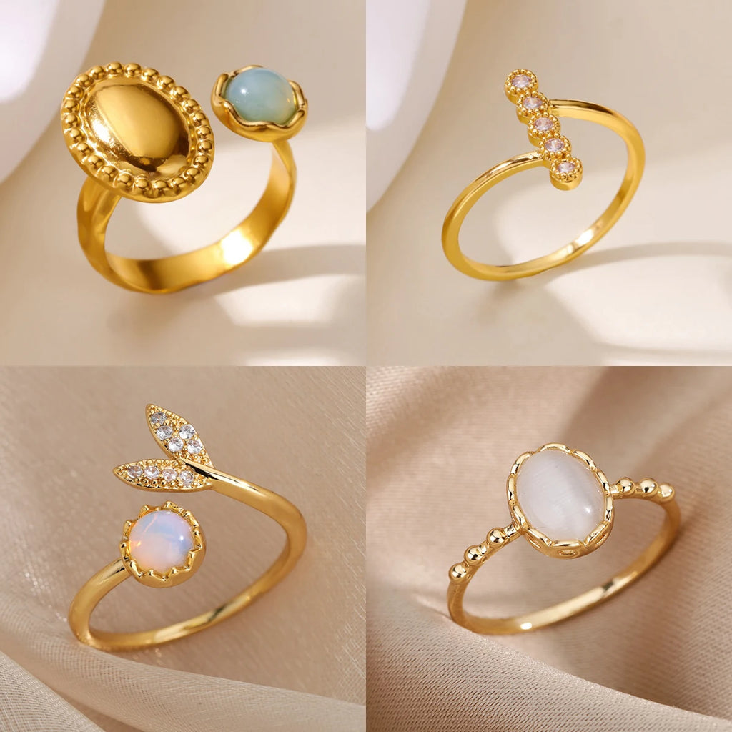 Luxury Opal Zircon Sun Rings For Women Girls Stainless Steel Gold Color Open Ring 2025 New Fashion Wedding Couple Jewelry Gift