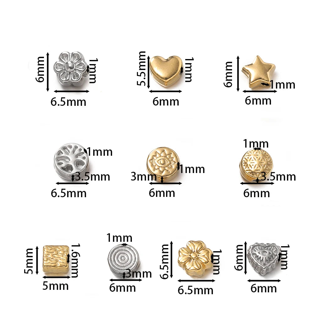10 Stück/Packung Edelstahl in verschiedenen Formen Goldstahl Farbe Textur Abstandsperlen für DIY Armband Schmuckherstellung Zubehör