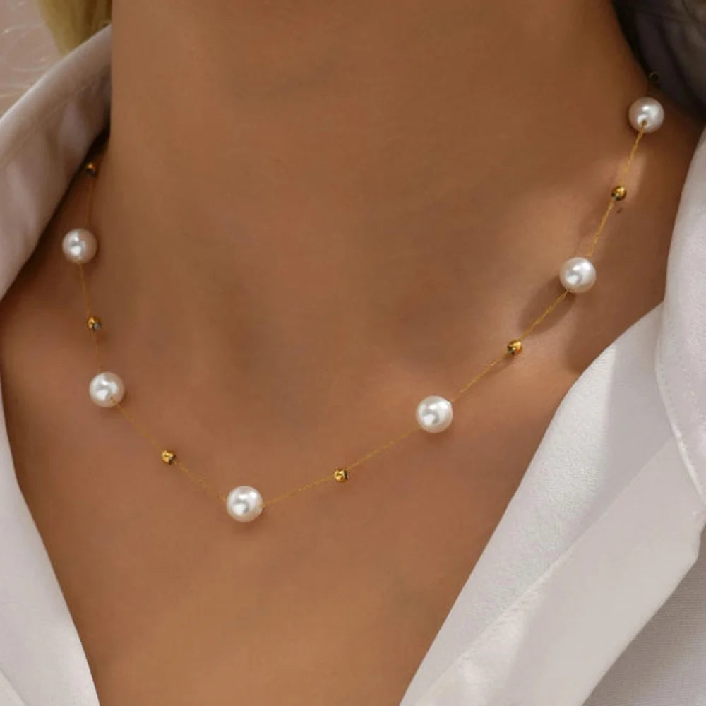 Halskette für Damen, Edelstahl, Temperament, Perlenkette, Choker, wasserdicht, Collier, Schmuck, Bijoux, Geschenk