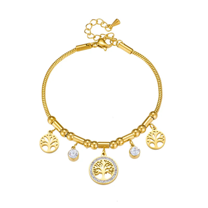 Armband aus 316L-Edelstahl in elegantem Goldfarbton mit Lebensbaum-Anhänger und glänzendem Zirkonia für Damen im Alltag