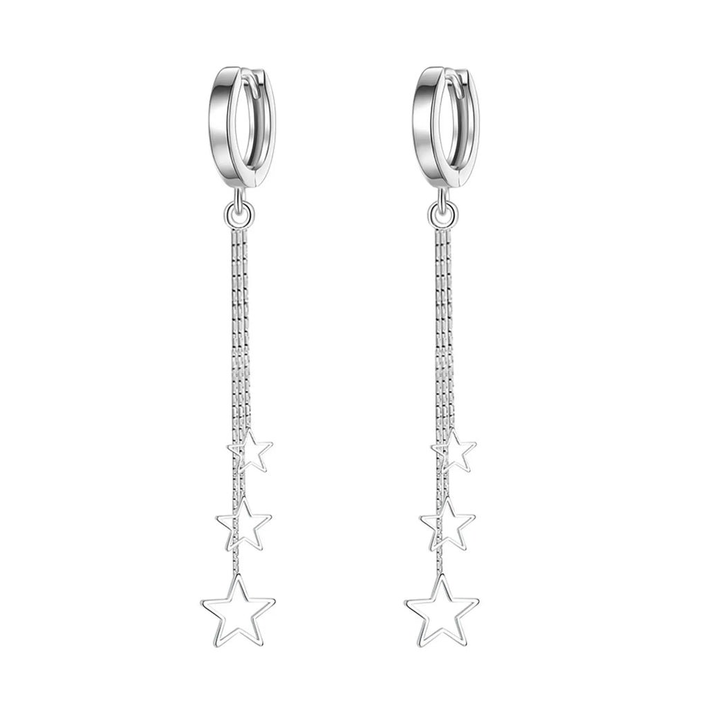 Elegante beliebte Drei-Sterne-Creolen für Damen, 925er Sterlingsilber, Party-Schmuck, wunderschöne lange Quastenohrringe, elegant