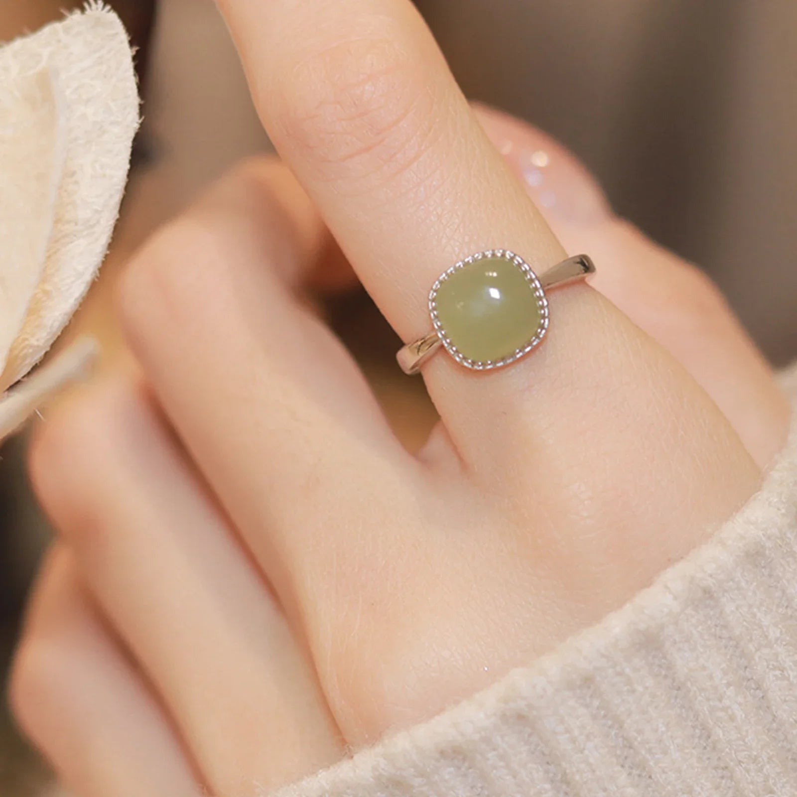 925 Sterling Silber vergoldeter Flüssiger Lava Hetian Jade Bambus Ring für Frauen Mädchen Geschenk Unregelmäßiger Vintage Schmuck