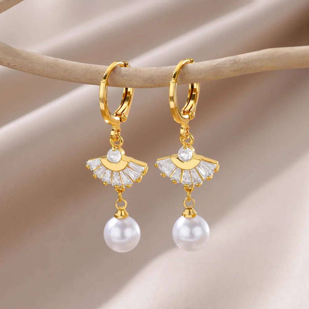 Pendientes colgantes de perlas de imitación Fashion Circle para mujer, de color dorado, de acero inoxidable, redondos, geométricos, de aro, joyas para boda
