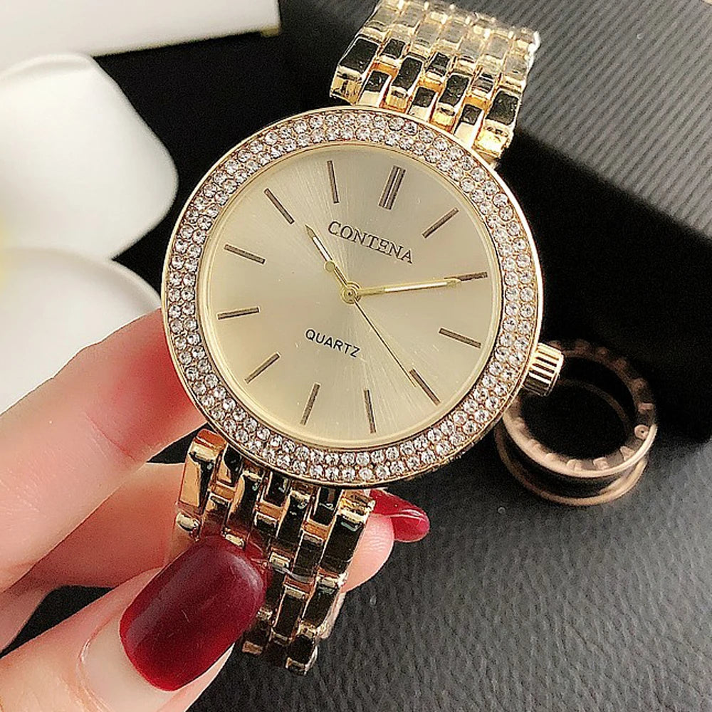 Luxus Strass-Uhr Top-Marke Damenuhren Mode Gold Damenuhren Edelstahl Damenuhr Uhr Geschenke für Frauen