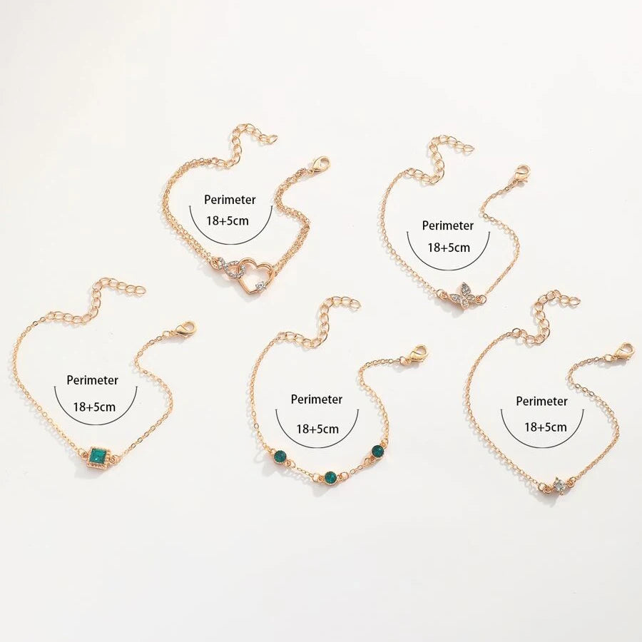 5-teiliges Set, hohles Herz, grüner Kristallstein, Armband-Set für Frauen, goldfarben, lieblicher Schmetterling, Strass, Mädchen-Armband-Set
