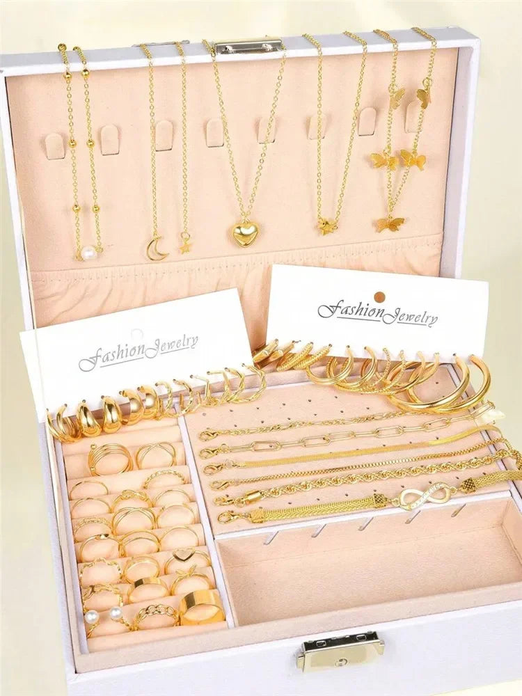 Neue 57-teilige Schmucksets für Damen, Metall, breite Ohrringe, Halsketten, Armbänder, Fußkettchen, Ringe, Kombinationsset