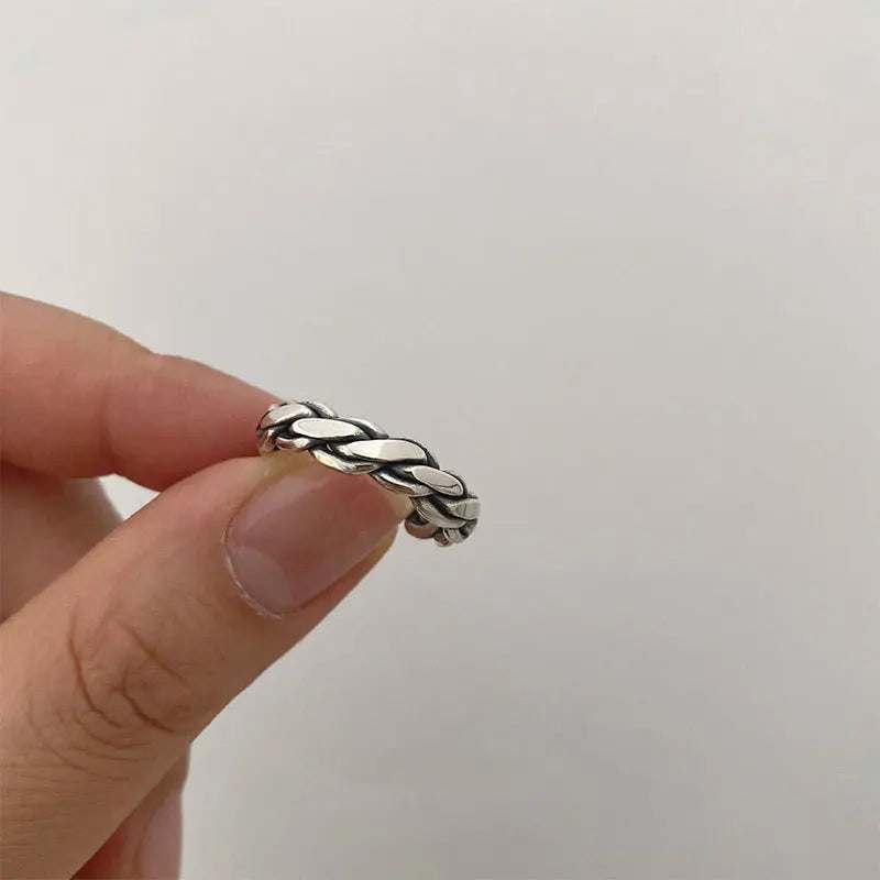 Anillos de plata de ley 925, accesorios para parejas, diseño trenzado vintage a la moda, forma redonda geométrica, joyería de plata tailandesa