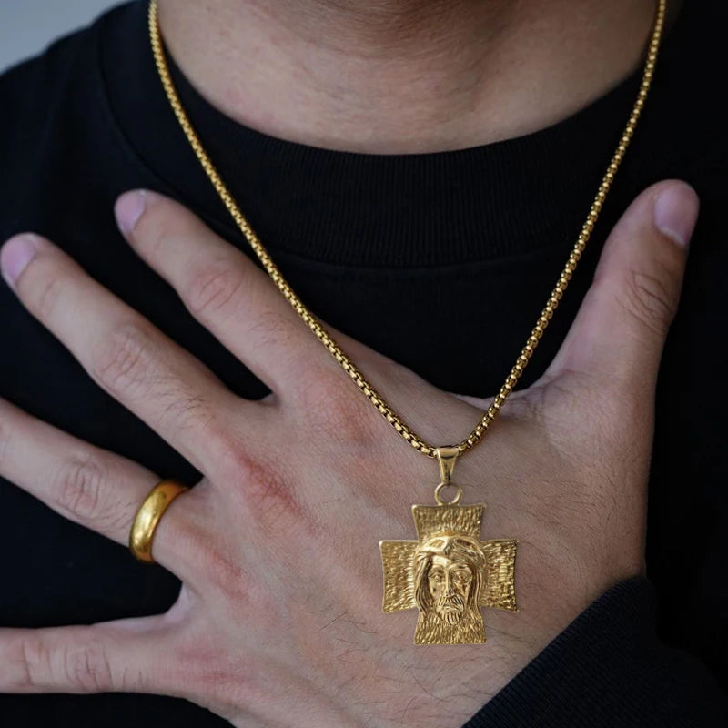 Collar con colgante de cruz y cara de Jesús, chapado en oro de 18 quilates, dije religioso para hombres y mujeres, joyería inspirada en la fe, regalo cristiano