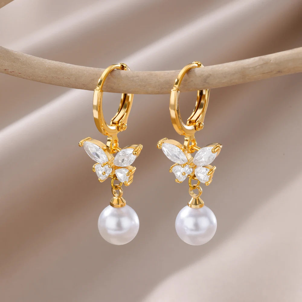 Natürliche Zirkon-Perlenohrringe für Frauen, vergoldet, Edelstahl, geometrische Creolen mit Perlen, Hochzeit, Brautjungfern, Schmuckgeschenk
