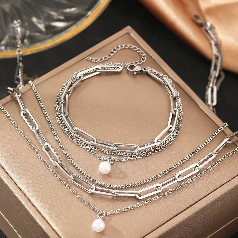 Aomogo Stainless Steel Jewelry Set Delicate Pearl Pendant Jewelry Set Luxury Multi-Layer Chain Jewelry Set For Women Jewelry