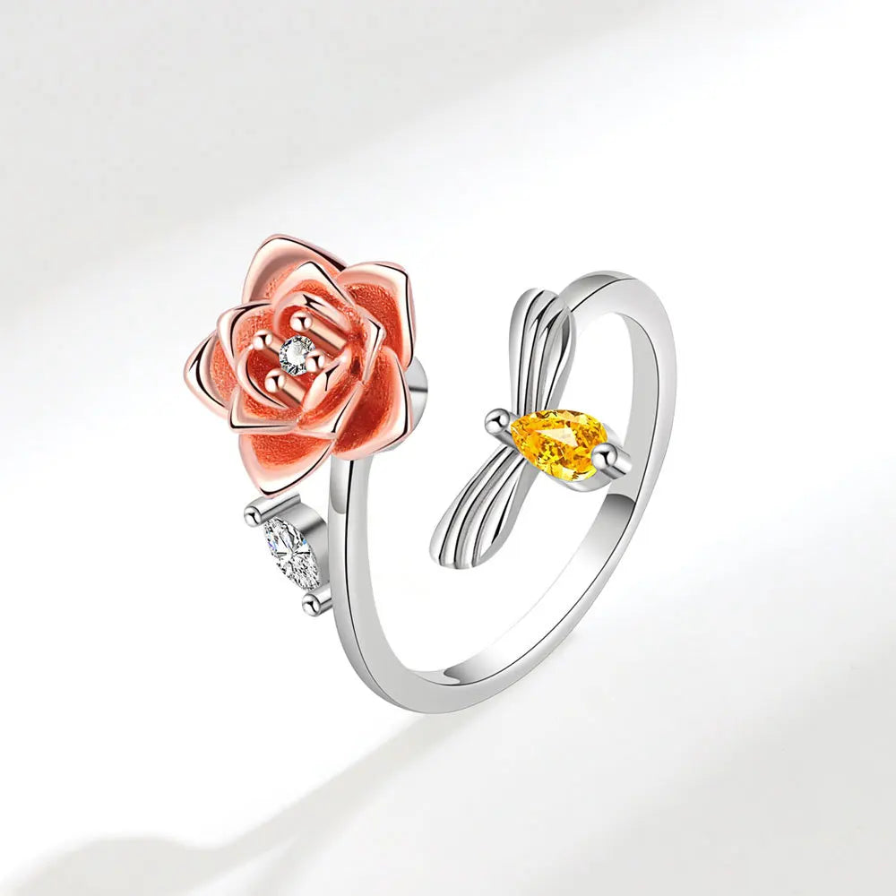 Shining Crystal Sunflower And Bee Fidget Spinner Rings For Women Anti Anxiety Control Anti Stress Rotating Ring Girls Gift