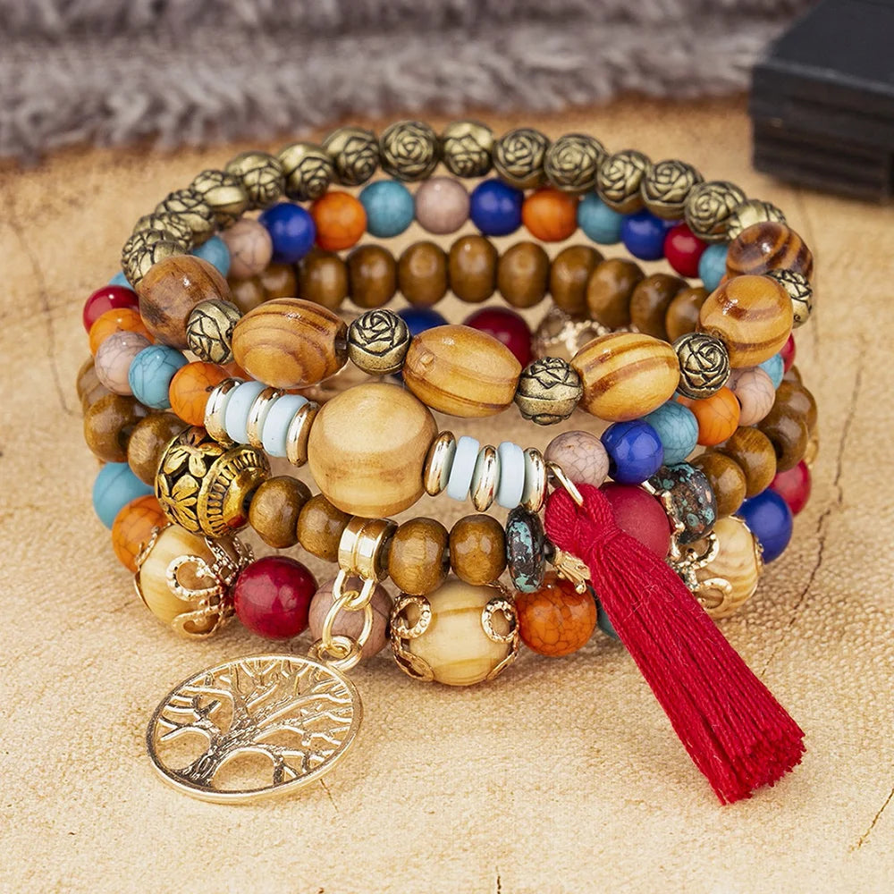 Boho Lebensbaum-Armband-Set für Frauen, modische Quasten, Charms, Holzperlen, elastische Kette, Armreif, trendiger Party-Schmuck für Mädchen