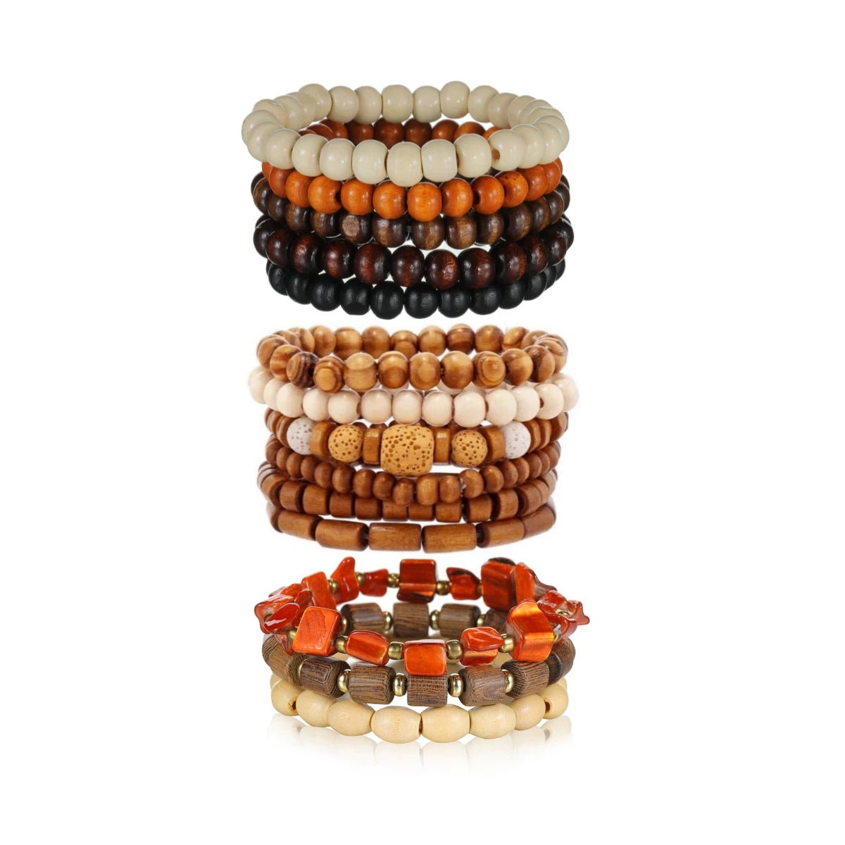 14 piece Bohemian style colorful wooden bead multi-layer layered neutral bracelet set suitable for gift giving