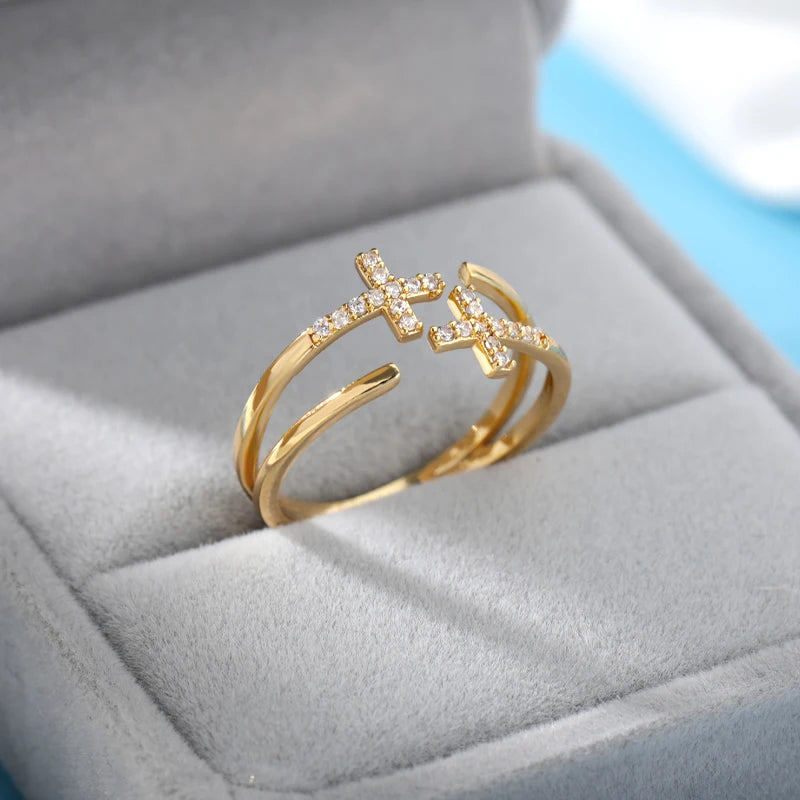 Zirkon-Doppelkreuzringe für Damen, Edelstahl, goldfarben, glänzender Öffnungsring, neues luxuriöses Mode-Hochzeits-Schmuckgeschenk, Bague