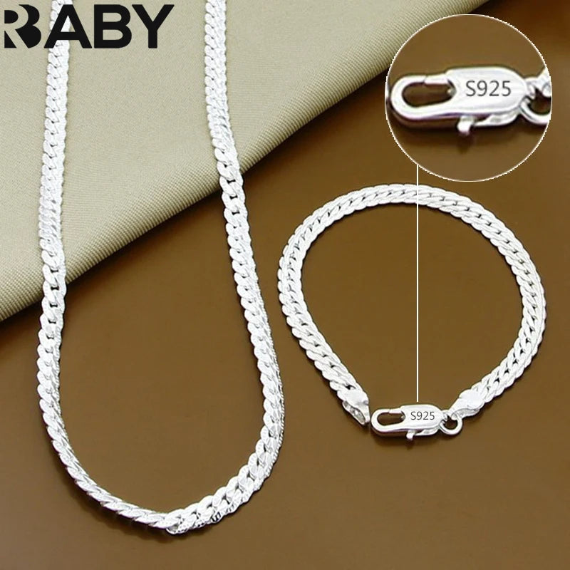 URBABY 925 Sterling Silber 2-teiliges 6MM durchgängiges seitliches Ketten-Halsketten-Armband für Damen Herren Modeschmuck-Sets Hochzeitsgeschenk