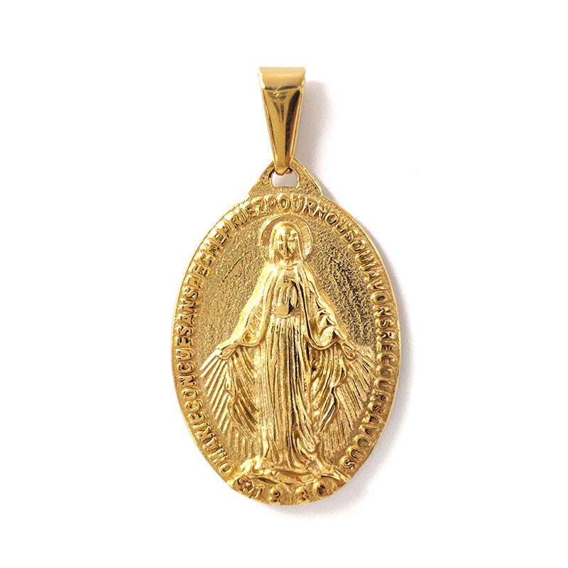 Collar de medalla de la Virgen María de oferta - Chapado en oro de 18 quilates y acero inoxidable 316L, colgante religioso, regalos católicos para mujeres y hombres