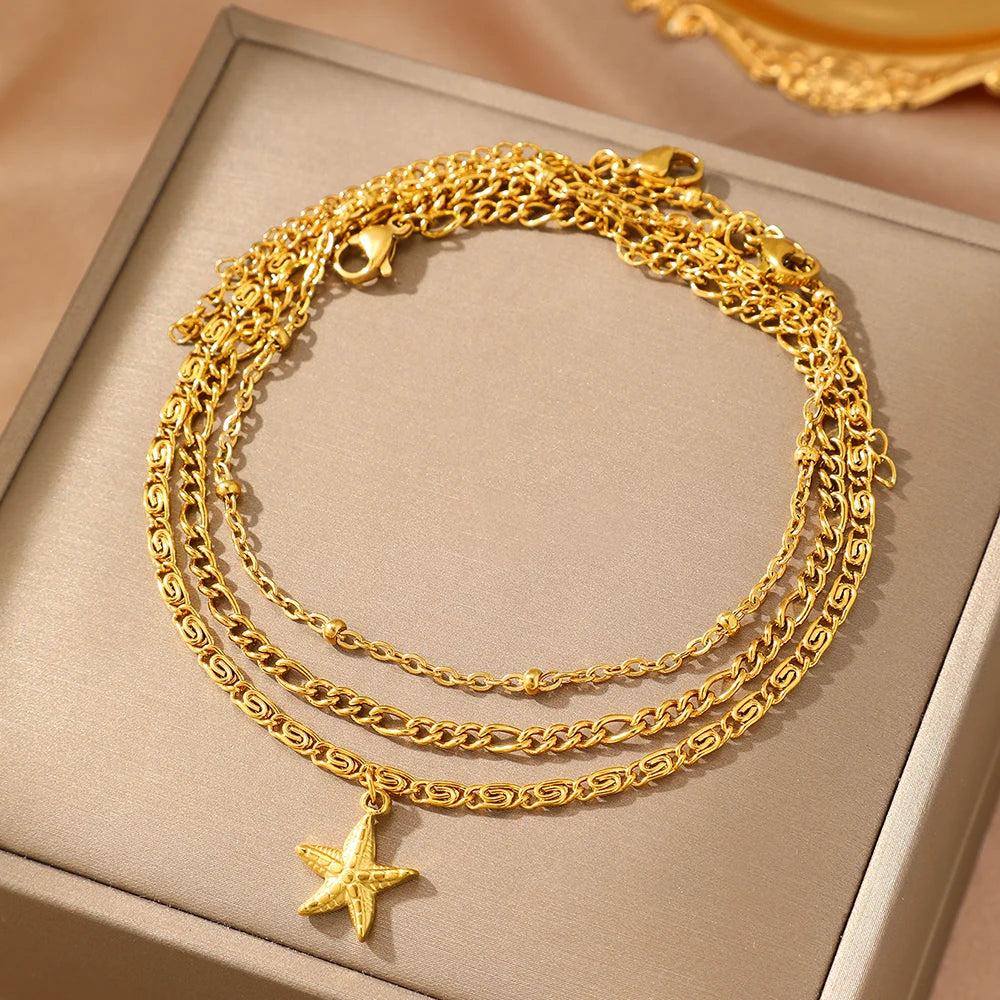 woiwoi Stainless Steel Anklet Starfish Triple Stacking Chain Light Luxury Fashion Elegant Ladies Anklet Jewelry Party  Match