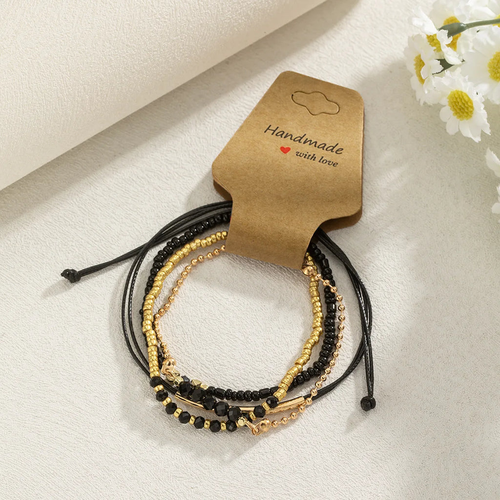 Handgemachtes schwarzes Glasstein-Armband-Set für Damen, einfaches geflochtenes Seil, Perlen, Kette, Armreif, weibliche Mode, Schmuckzubehör