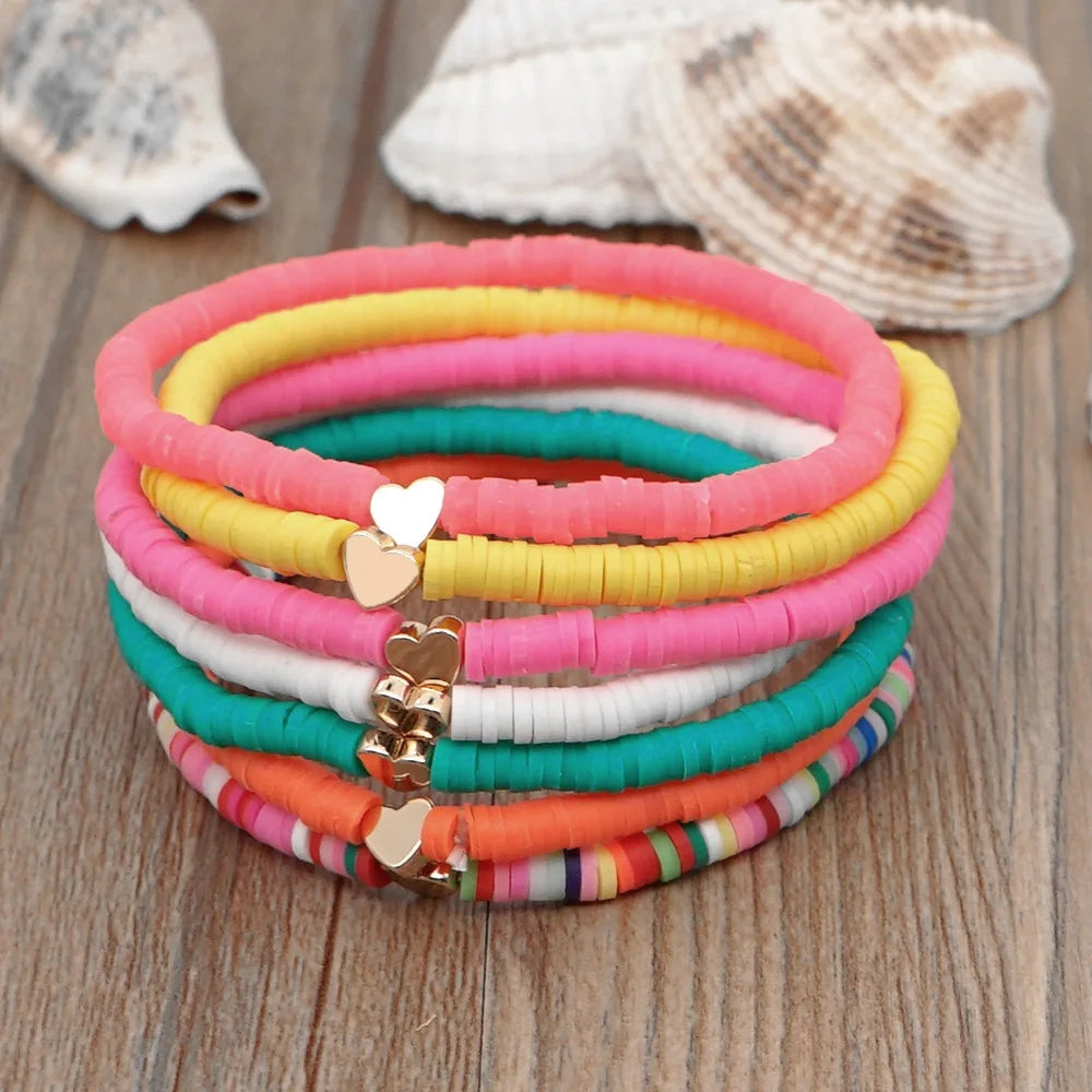 Juego de Pulseras Apilables Arcoíris de Moda para Mujer con Dijes de Corazón, Arcilla Blanda, Cuentas en Capas, Cadena, Brazalete, Joyería Bohemio Femenina