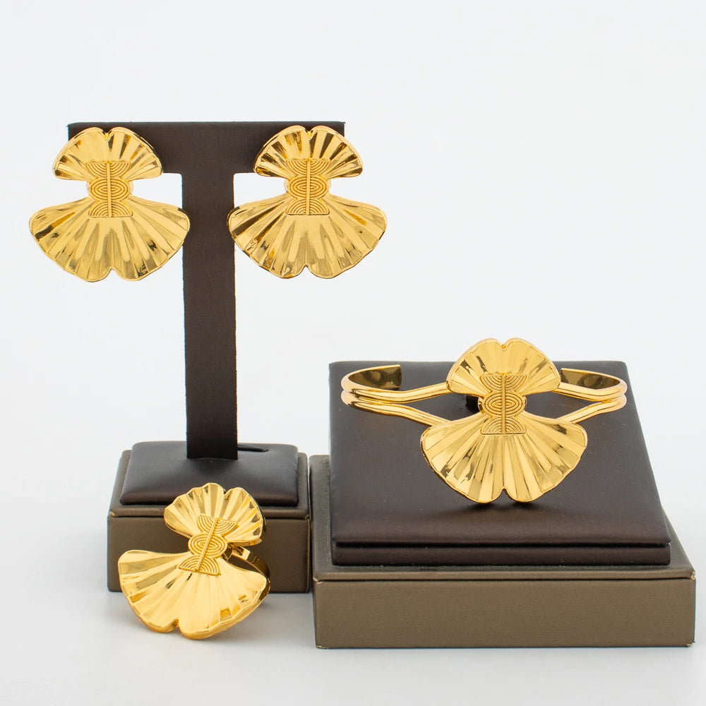 Afrikanischer Goldschmuck-Set für Damen, Ohrringe und Armreif-Ring, 3-teiliges Set, Hochzeiten, Brautschmuck-Geschenke für den täglichen Gebrauch