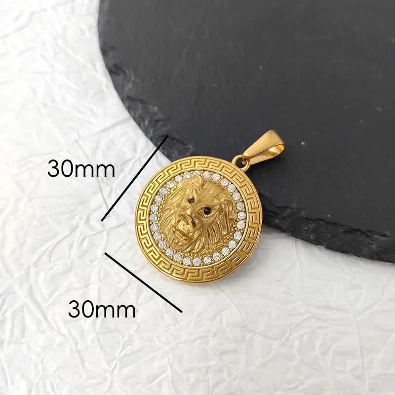 Colgante de cabeza de león con incrustaciones de cristal, estilo hip hop, para hombre, moda creativa, acero inoxidable, color dorado, para fiesta o club, joyería