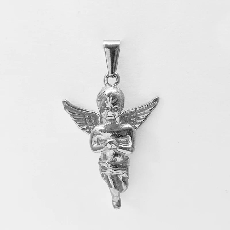 Collar con dije de ángel de Cupido religioso de acero inoxidable, bañado en oro de 18 quilates, con dije de ángel sólido en 3D, para hombre