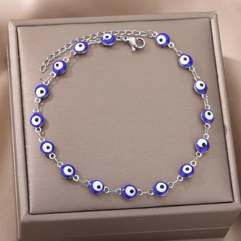 Edelstahl Evil Eye Fußketten für Frauen Emaille Runde Beinkette Blaue Evil Eye Fußketten Armband Sommer Strand Fußschmuck Geschenk