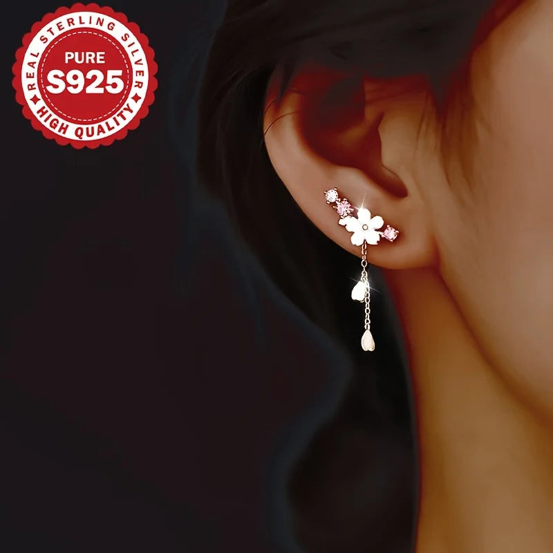 Pendientes de borla de flor de cerezo de plata esterlina S925, lindos, elegantes, estilo coreano, versátiles, clásicos, tipo colgante, hipoalergénicos