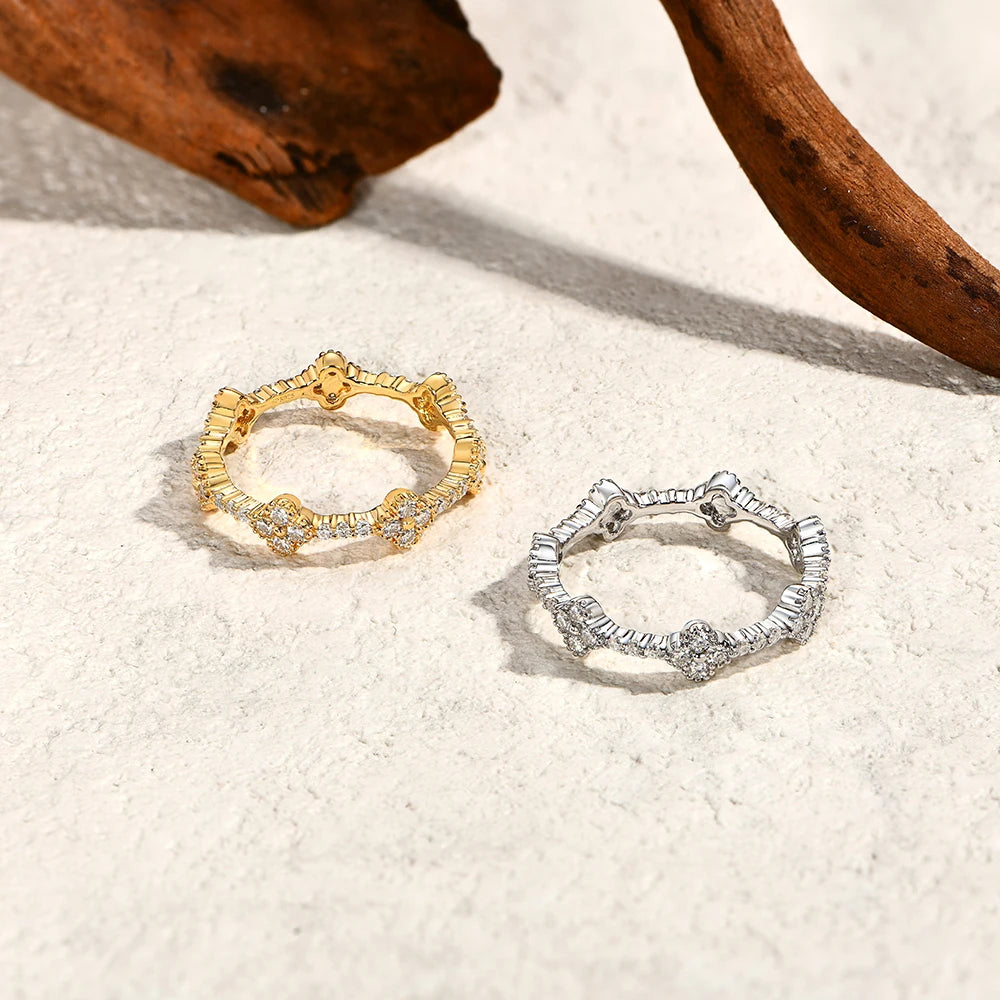 MINTYBOX S925 Sterlingsilber Moissanit Eheringe für Damen, Labordiamant Stapelring, Blumenkleeblatt Feiner Schmuck Geschenk