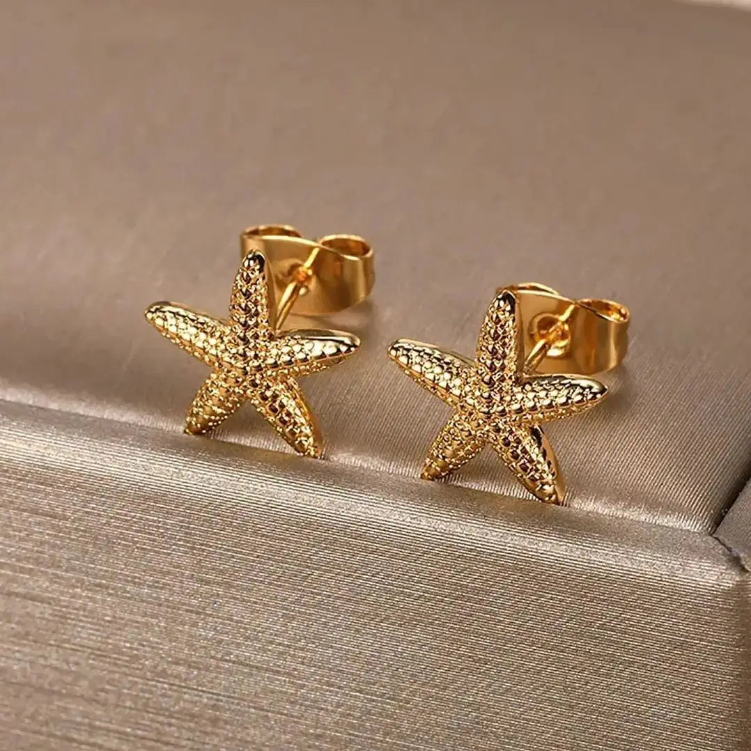 Pendientes de acero inoxidable con forma de estrella de mar vintage para mujer, aretes sencillos con forma de concha de estrella, joyería de fiesta oceánica, regalo 2025