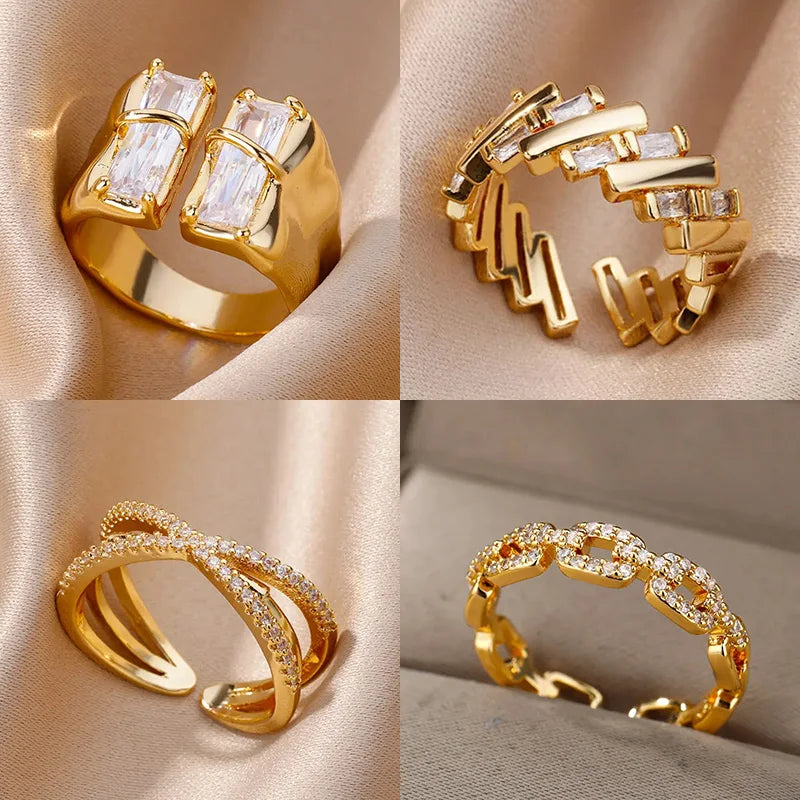 Unregelmäßiger quadratischer Zirkonring für Frauen, Edelstahl, vergoldet, offener Ring, Hochzeitsfeier, Mode-Schmuckgeschenk, kostenloser Versand