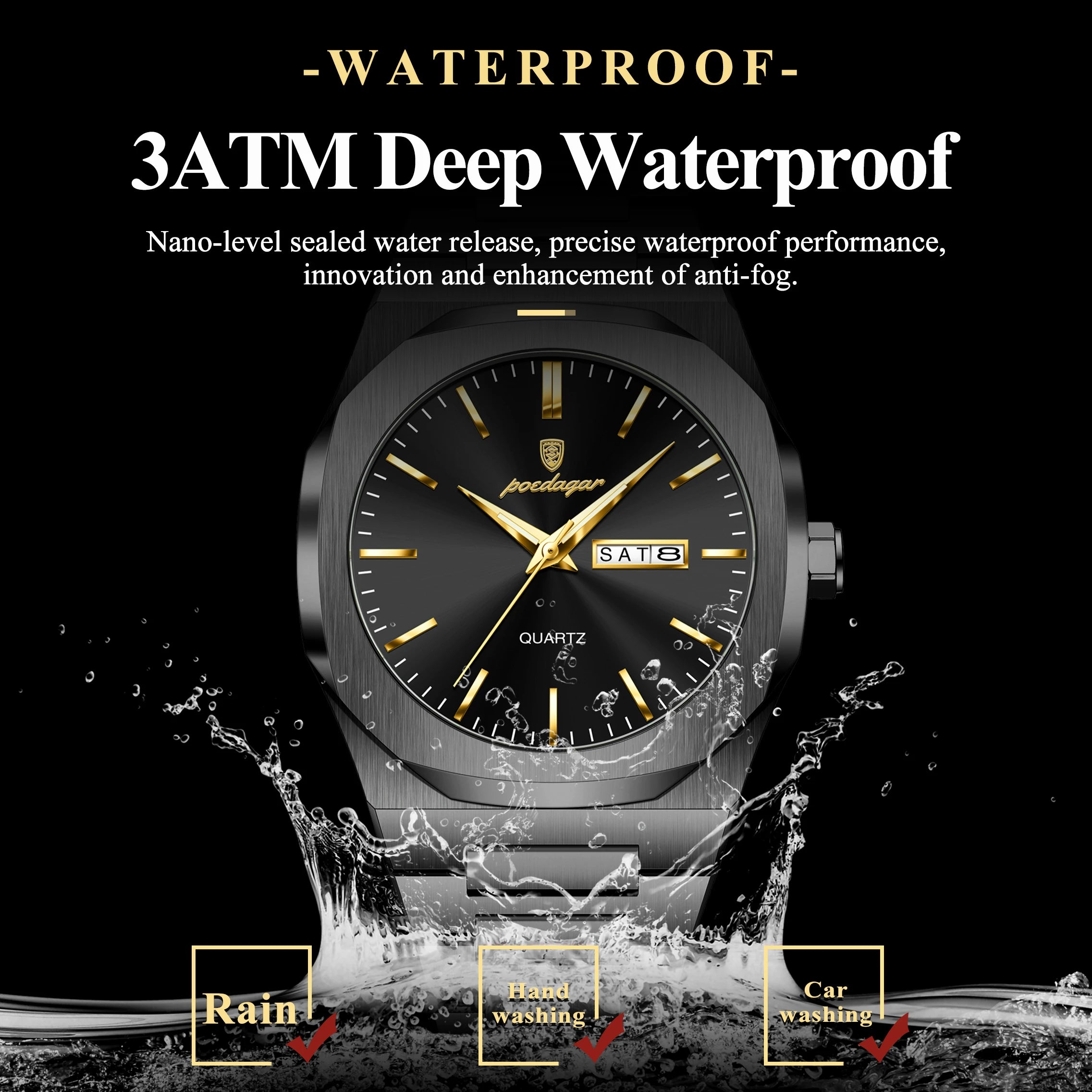 Reloj de hombre de marca de moda POEDAGAR, impermeable, luminoso, de acero inoxidable, para hombres, fecha, semana, informal, de cuarzo, Reloj de hombre