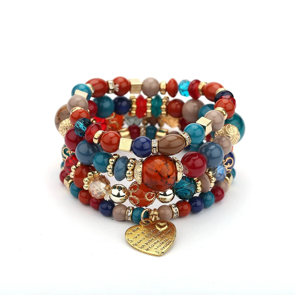 4-teiliges Set Boho Ethno Herz Perlenarmband Set für Damen Handgemachte Kristallperlenkette Armreif Weiblicher Böhmischer Schmuck Geschenk