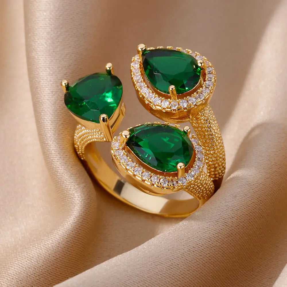 Grüne Zirkonia Herzringe für Damen, Vintage Goldfarben, Edelstahl, offener Ring, modischer ästhetischer Schmuck, Hochzeitsgeschenk