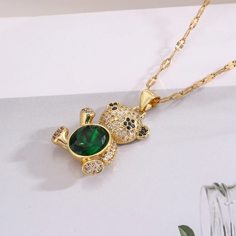 NEWBUY Hot Sale 2 Style Lovely Bear Pendant Necklaces For Women Shiny CZ Zircon Inlay Gold Color Copper Jewelry