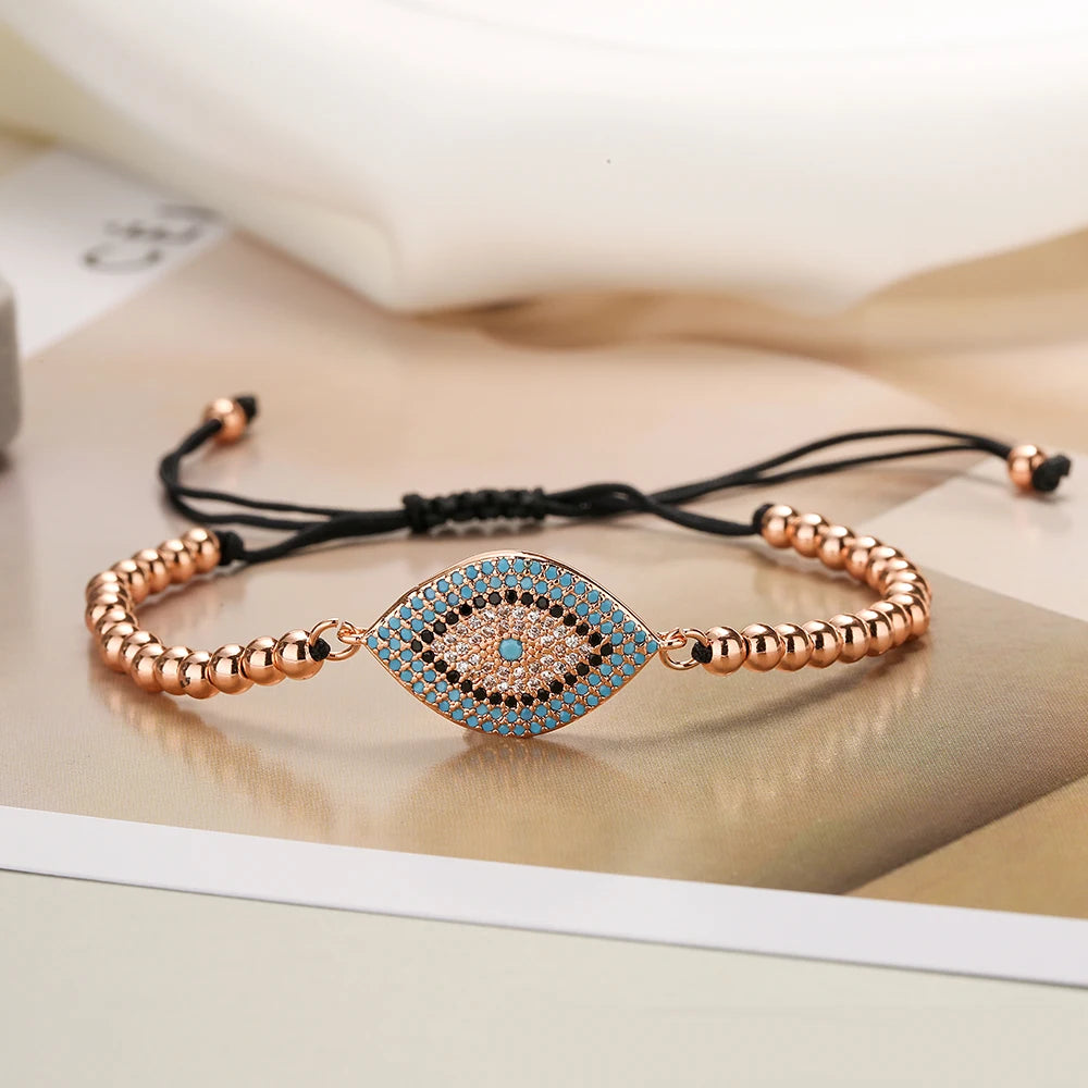 NEWBUY 2023 Mode Handgemachte schwarze Seilperlenkette Armband Verstellbar AAA Zirkonia Böser Blick Charm Armbänder für Frauen Mädchen