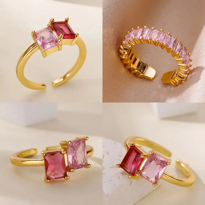 Edelstahl-Zirkonia-Quadratring für Damen, 18K vergoldet, 2 Farben, verstellbarer Ring, hypoallergener, zarter, trendiger Schmuck