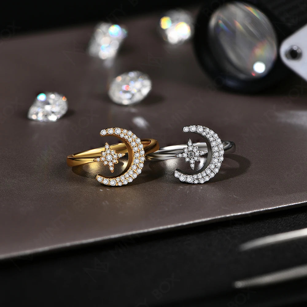 MINTYBOX 0.242CTW Stern Mond S925 Sterlingsilber Moissanit Ringe für Damen Labor Diamant Ring 18K Vergoldet Hochzeit Schmuck Geschenk