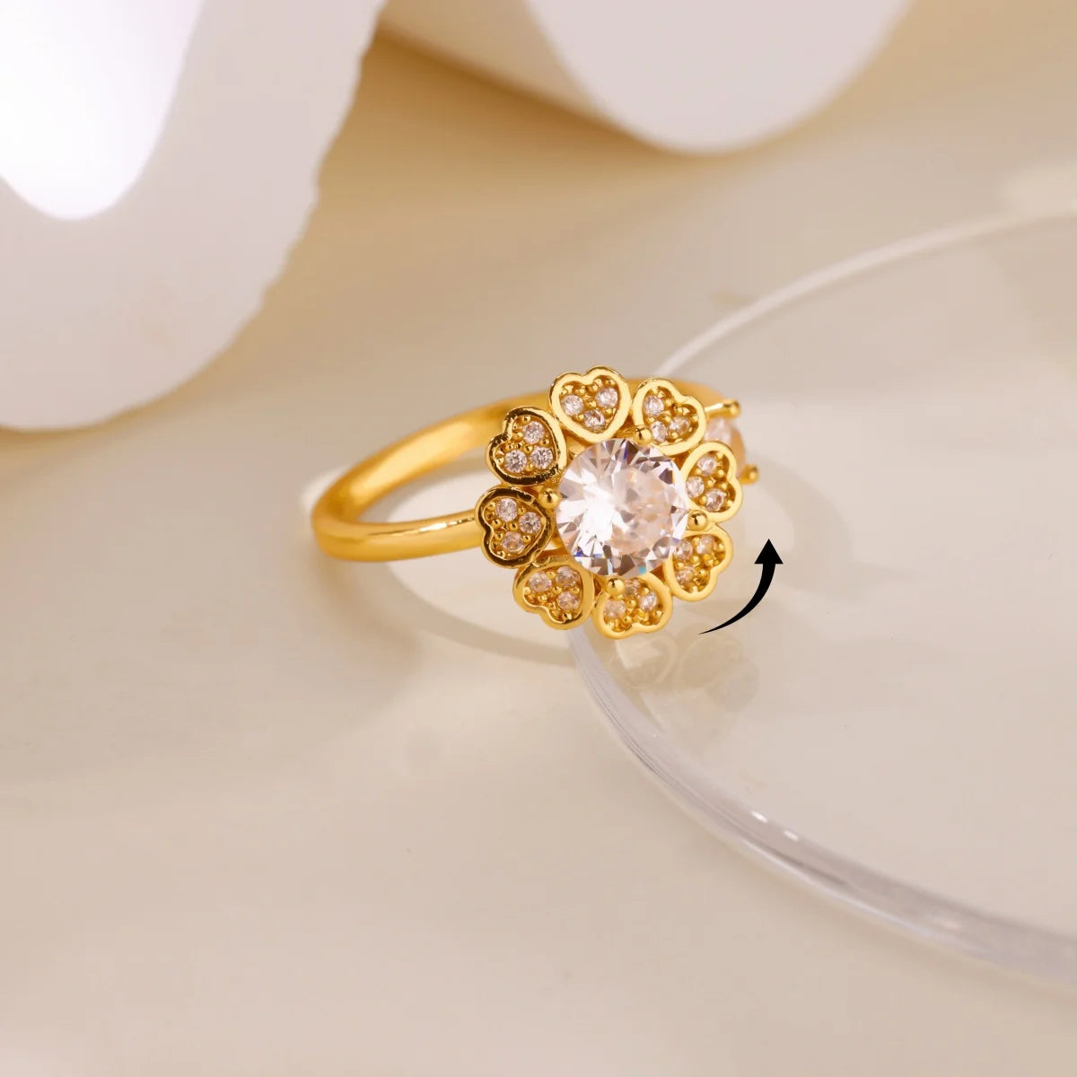 Luxus Zirkon Drehbarer Blumen-Herz-Ring für Frauen Edelstahl Goldfarben Offener Ring 2025 Neue Mode Hochzeits-Paarschmuck