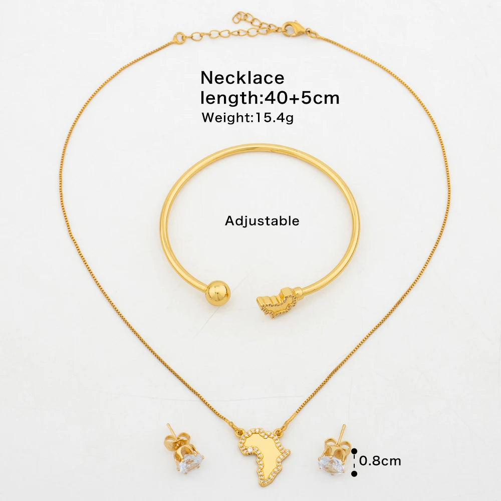 Gold Color Earrings and Necklace Jewelry Set for Party Luxury Zircon Stud Earrings Pendant Necklace Bangle Bride Jewelry Set