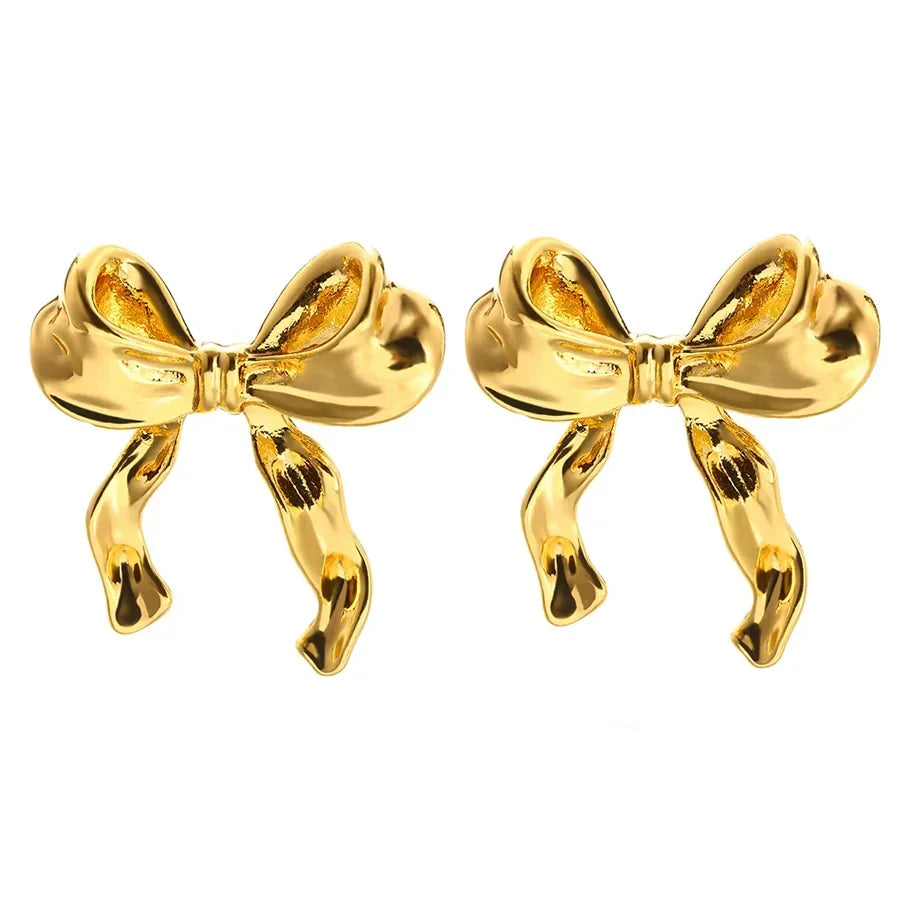 Pendientes de Lazo Vintage de Acero Inoxidable para Mujer, Joyería Elegante, Pendientes de Tuerca de Acero Inoxidable Chapados en Oro, Joyería de Navidad