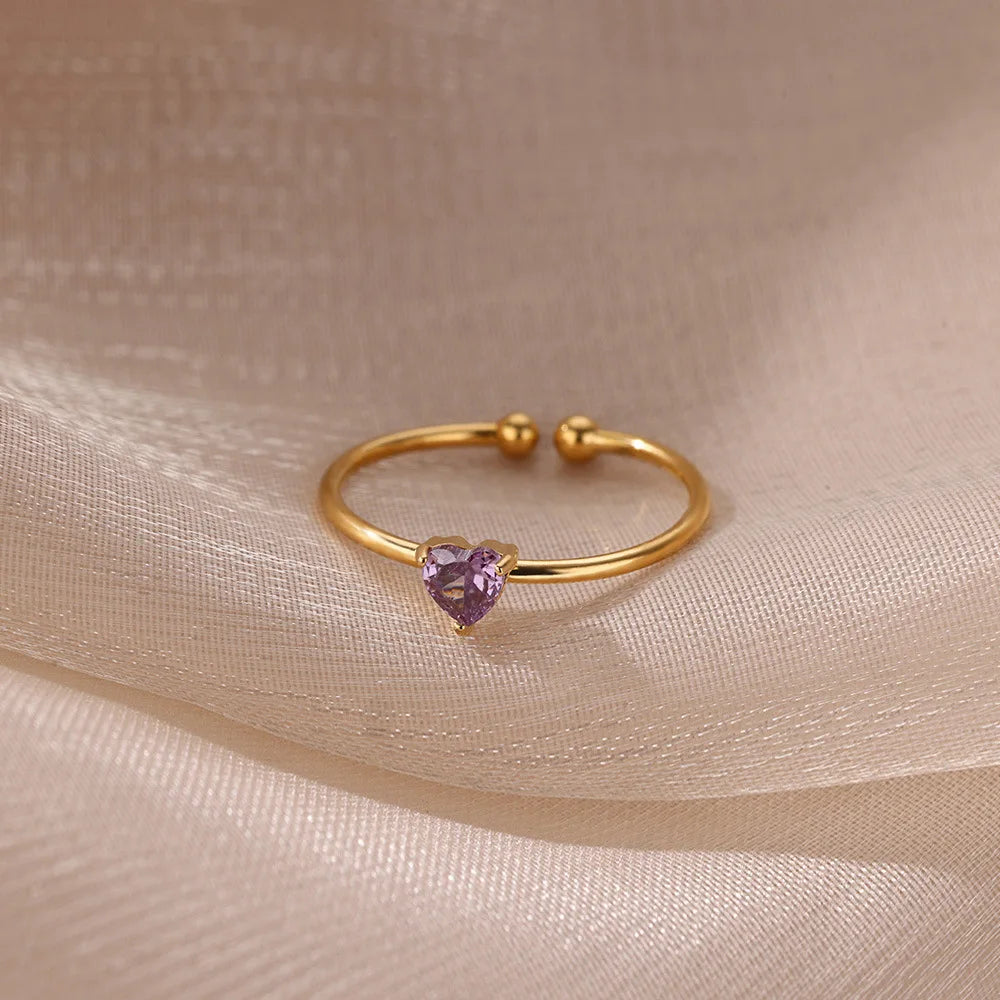 Edelstahl Geburtsstein Offene Ringe für Frauen Mode 12-farbiger Kristall Zirkon Herz Ring Geburtstag Ästhetischer Schmuck Geschenk