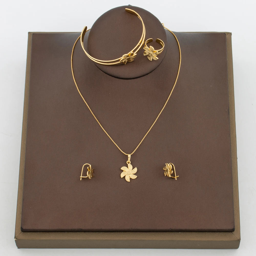 Elegantes Mädchenschmuck-Set für Partys, Kupfer-Goldfarbene Halskette und Creolen und Halsketten-Armreif-Ring-Set für Hochzeitsgeschenke