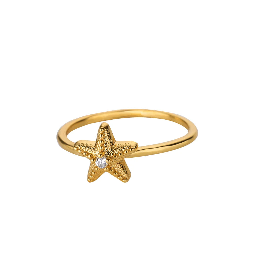 316L Edelstahl Seestern Muschel Ringe für Frauen Gold Farbe Offener Fingerring Femme Trendiger Sommerurlaub Ozean Schmuck Geschenk