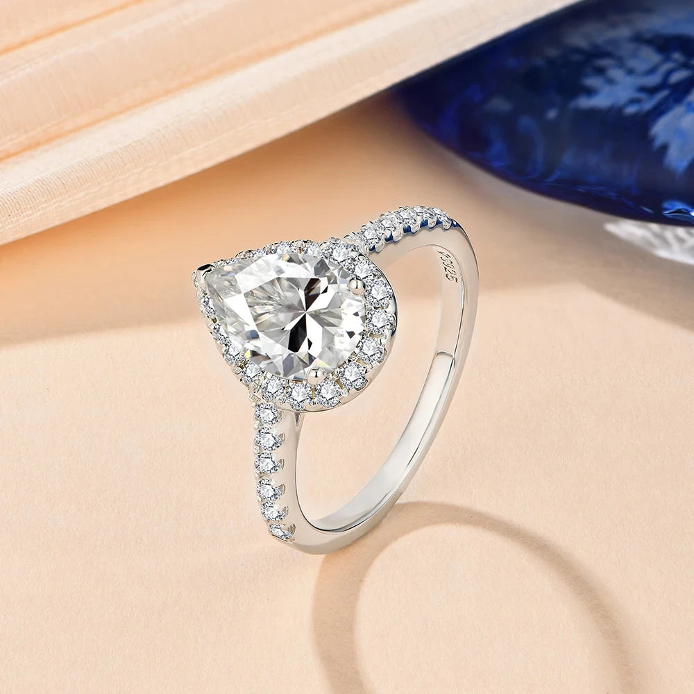 MINTYBOX Tropfenförmiger 2.0CT Luxus Moissanit Ring Massives 925er Silber 18K Vergoldeter Verlobungs-Halo-Ring für Damen Edler Schmuck Geschenk