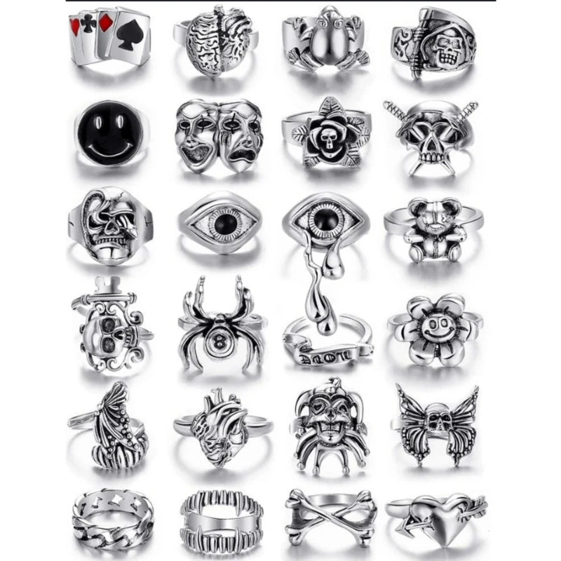 24-teiliges Ring-Set Legierung Persönlichkeit Poker Karte Smiley Ring Gothic Punk Hip Hop Trend Style Wear Passende Accessoires