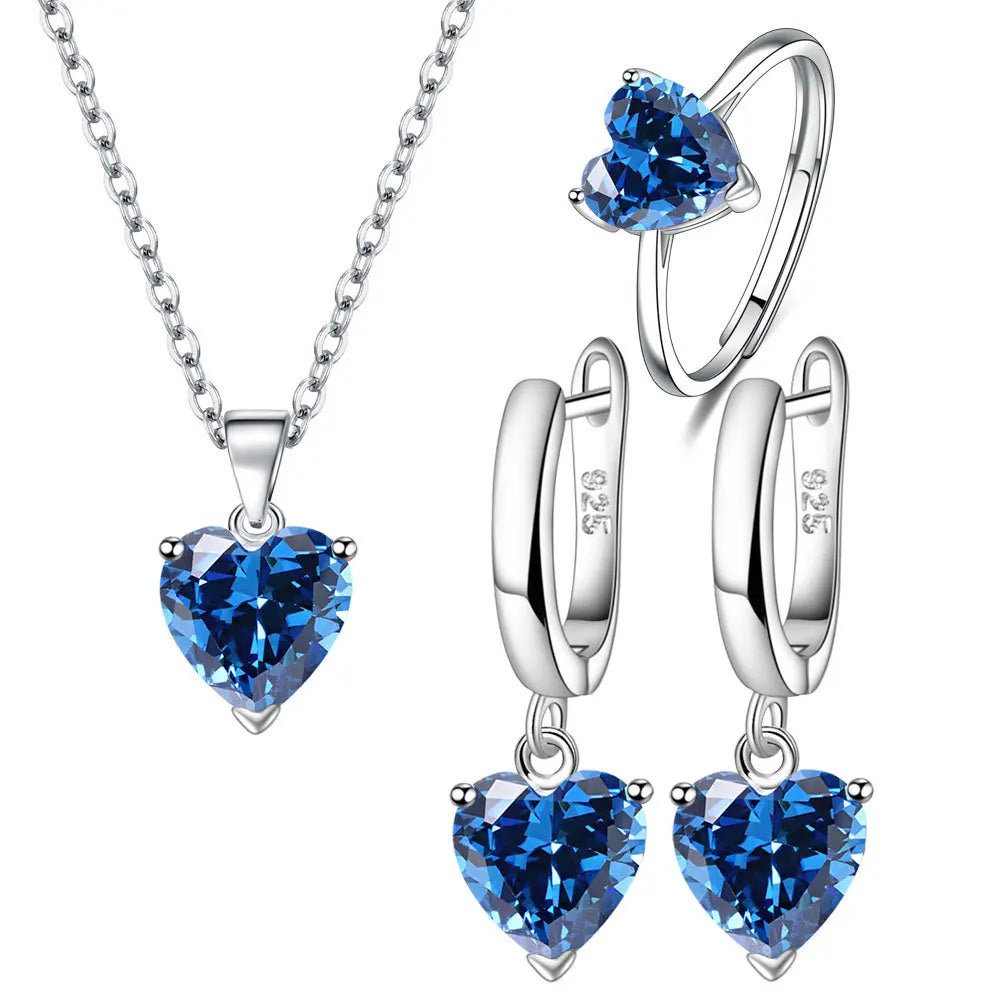 Juegos de joyería de plata 925 con circón en forma de corazón, elegantes, para mujer, pendientes de anillo, collar, accesorios de boda, novia, compromiso