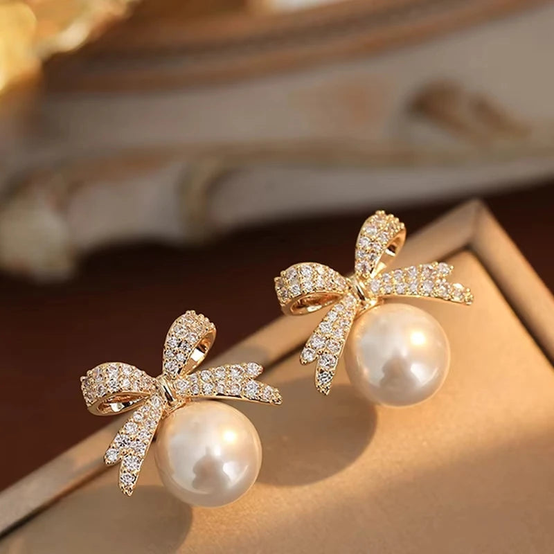 1 Paar Micro-Set Zirkon Schleife Perle Anhänger Ohrringe 2025 Neues Design Schmuck für Damen und Mädchen Mode Ohr Accessoires